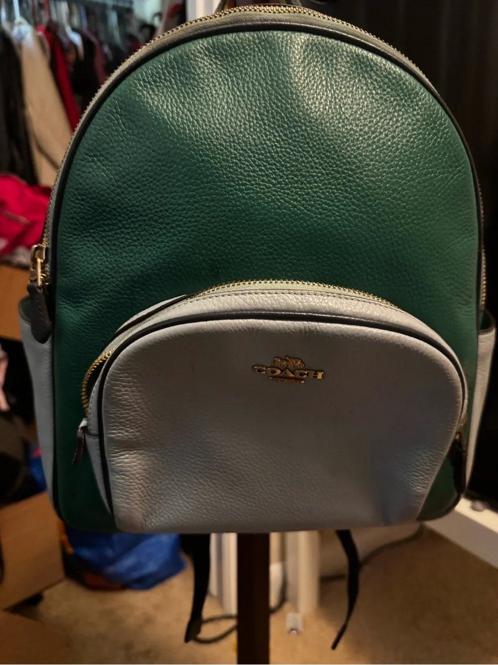 Coach Green and Light Gray Pebbled Leather Mini Backpack
